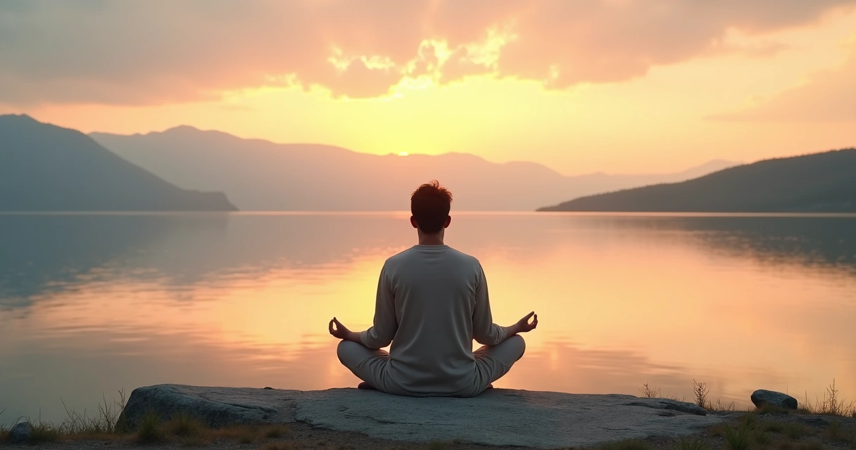 Persona meditando al atardecer frente a un paisaje amplio y sereno 