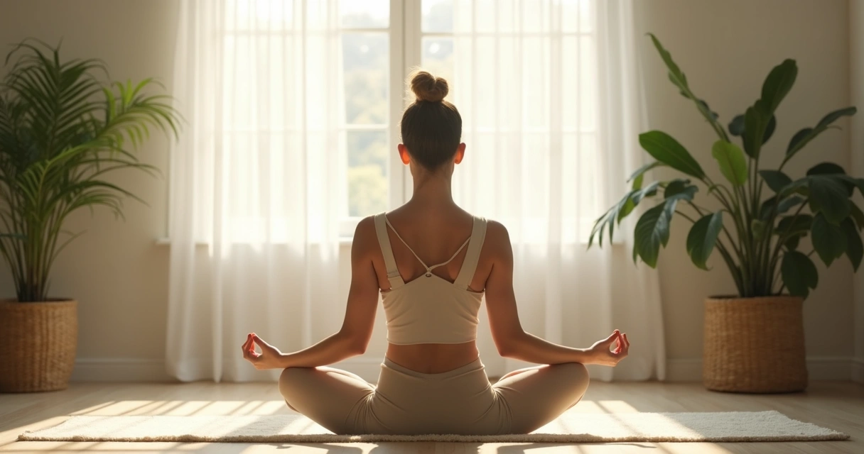 Mujer sentada en postura de meditación, ventana con luz natural, ambiente sereno, plantas cerca. 