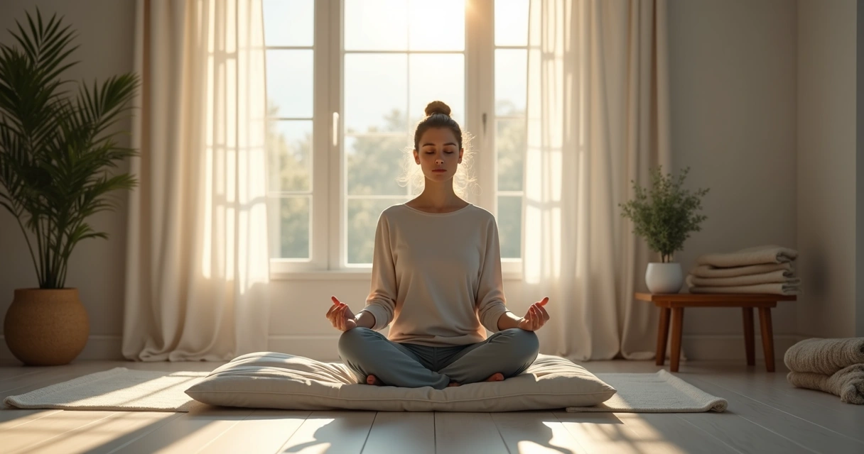 Persona sentada en meditación junto a una ventana con luz suave 