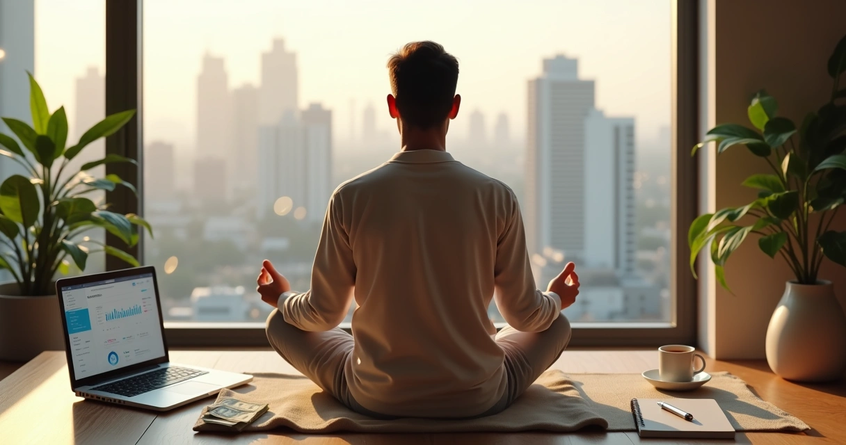 Persona meditando frente a un escritorio con finanzas y ciudad al fondo 