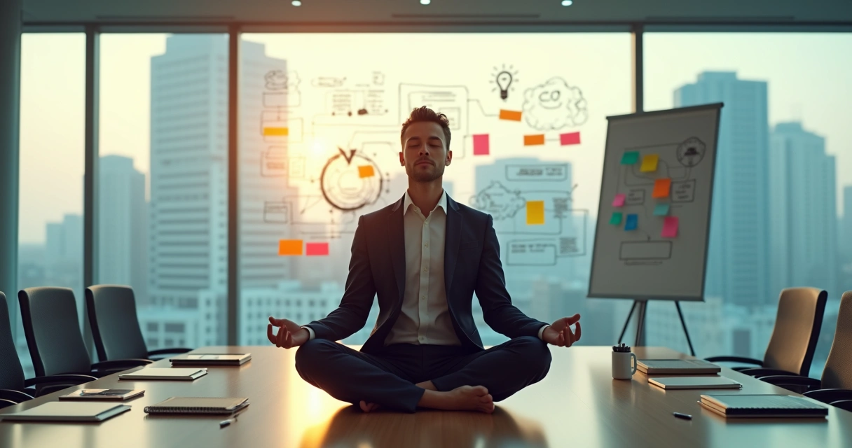 Ejecutivo meditando en sala de reuniones moderna con pizarra de innovación al fondo 