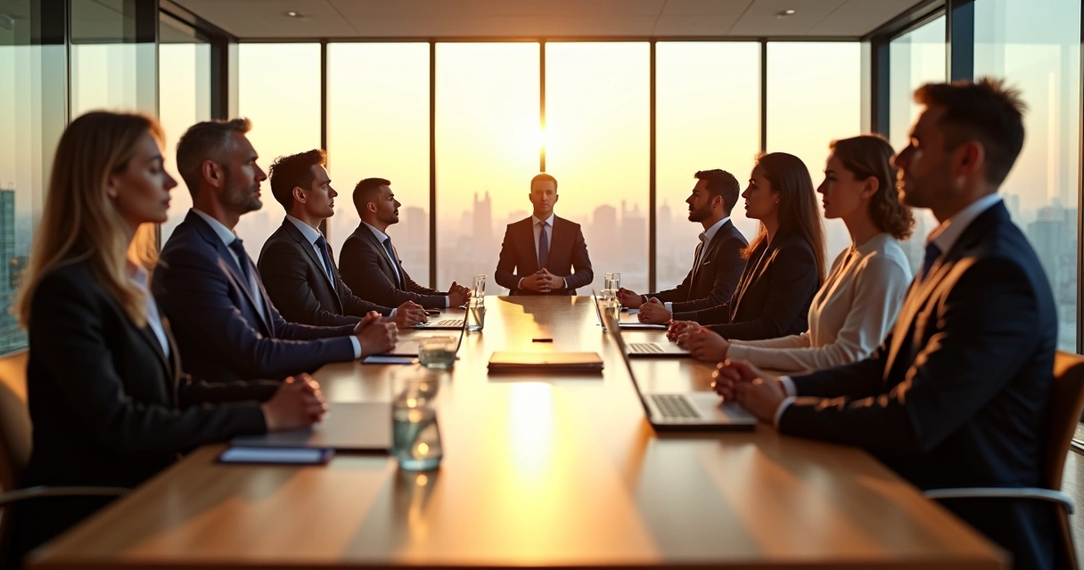 Directivos sentados en mesa de juntas practicando meditación guiada juntos 