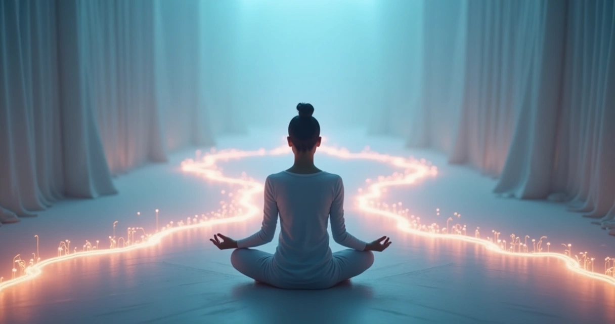 Persona meditando en un ambiente calmado, rodeada de diferentes caminos de colores 