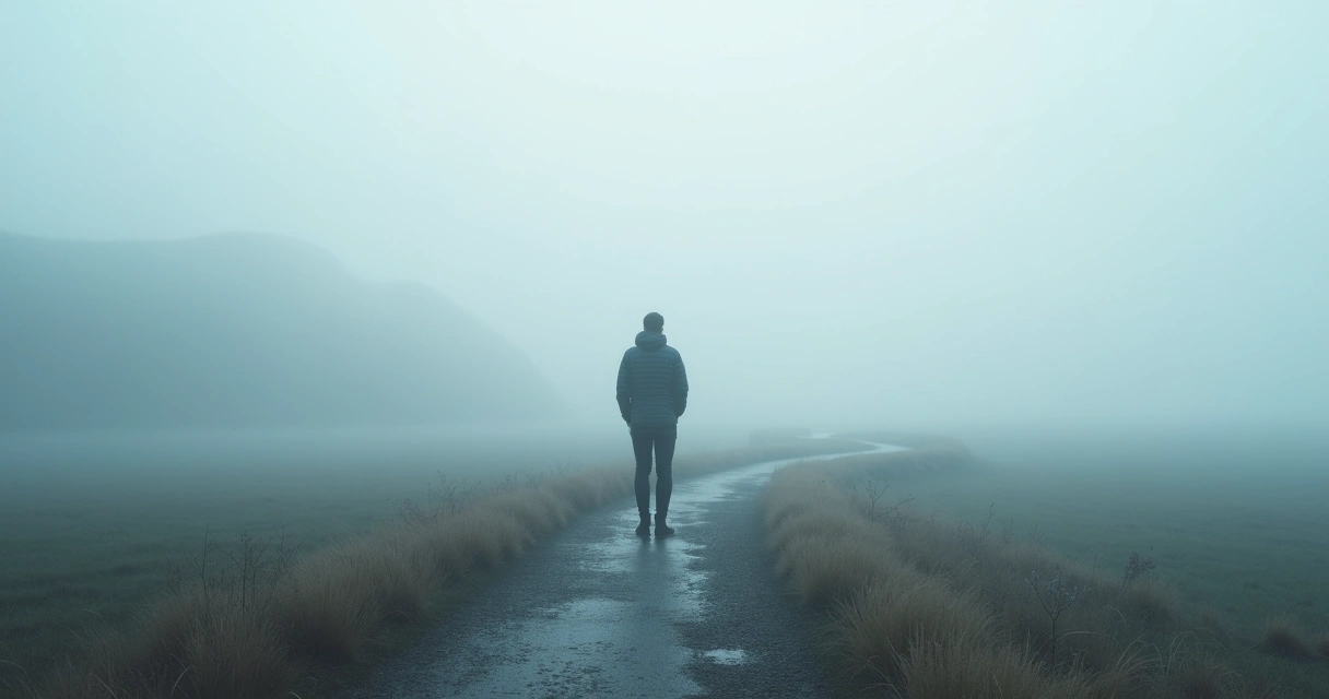 Persona de pie sobre niebla con caminos entrecruzados 