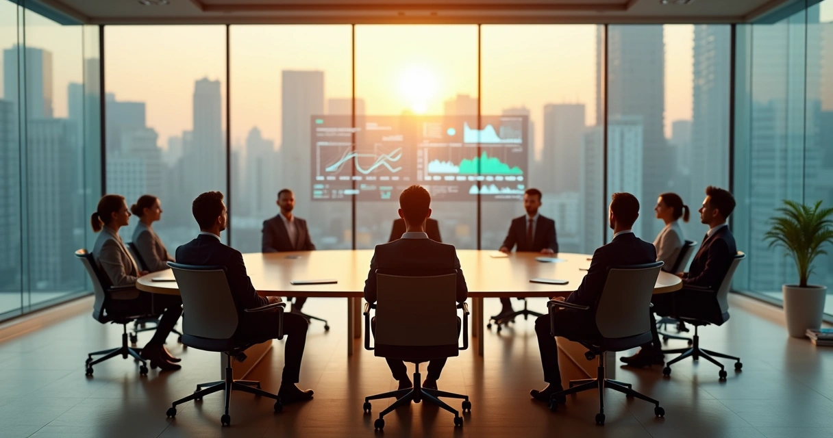 Ejecutivos meditando en sala de reuniones moderna con pantallas de datos 