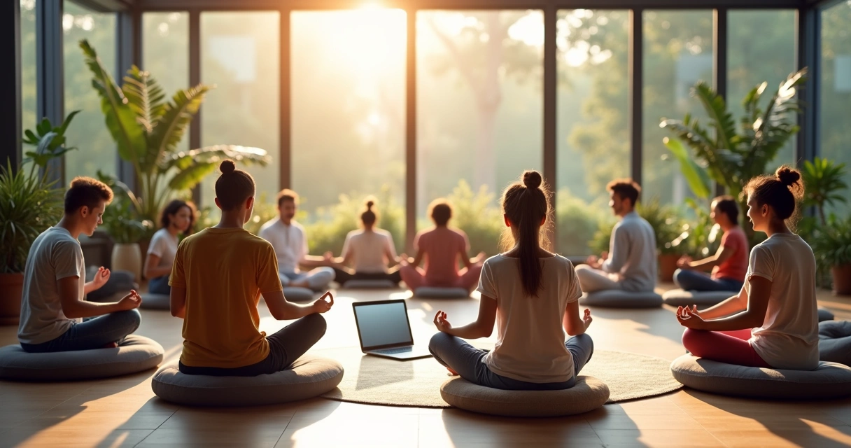 Espacio de meditación en oficina con personas sentadas en círculo 
