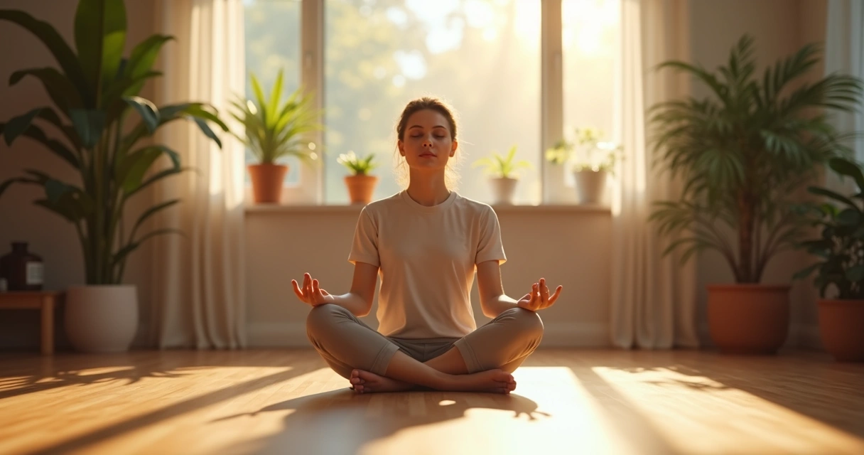 Persona sentada meditando en el suelo de una sala tranquila, plantas de interior al fondo, luz natural entrando por una ventana 