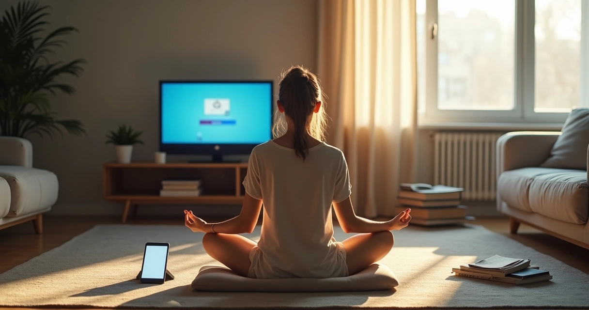 Persona meditando en casa con distracciones tecnológicas alrededor 