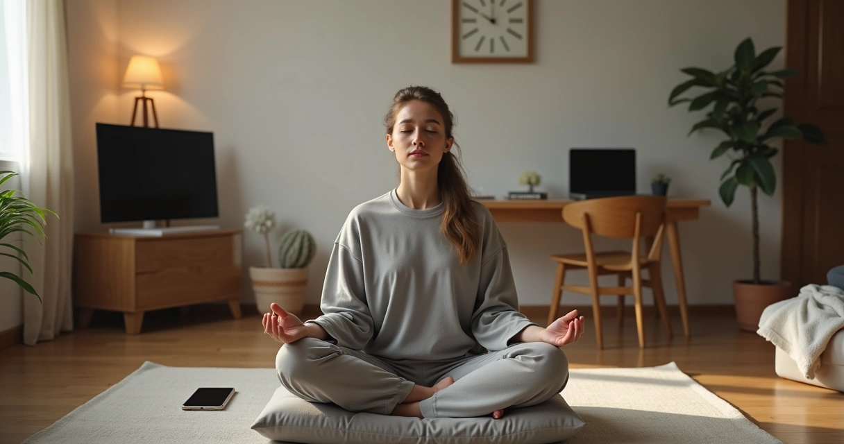 Persona meditando en casa con distracciones alrededor 