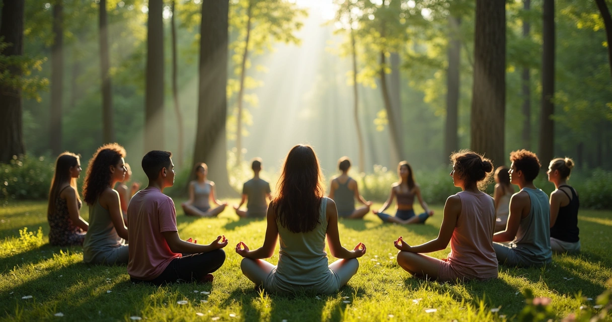 Personas sentadas juntas meditando en círculo, rodeadas de árboles 