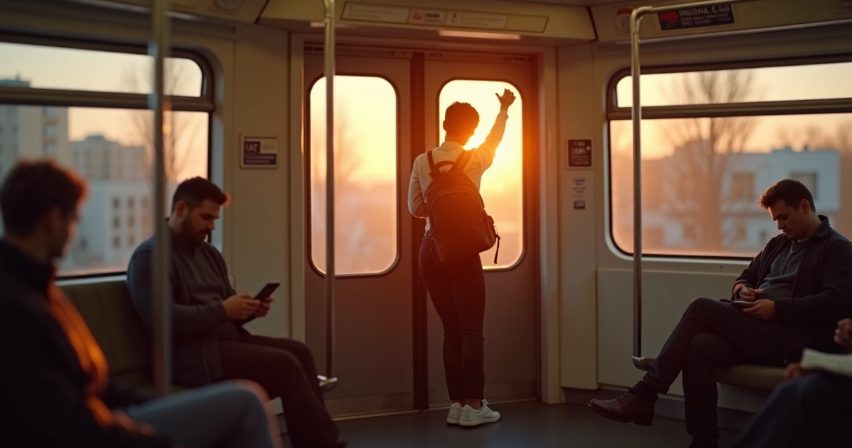 Persona de pie en tren sujeto a barra mientras observa paisaje urbano al atardecer 