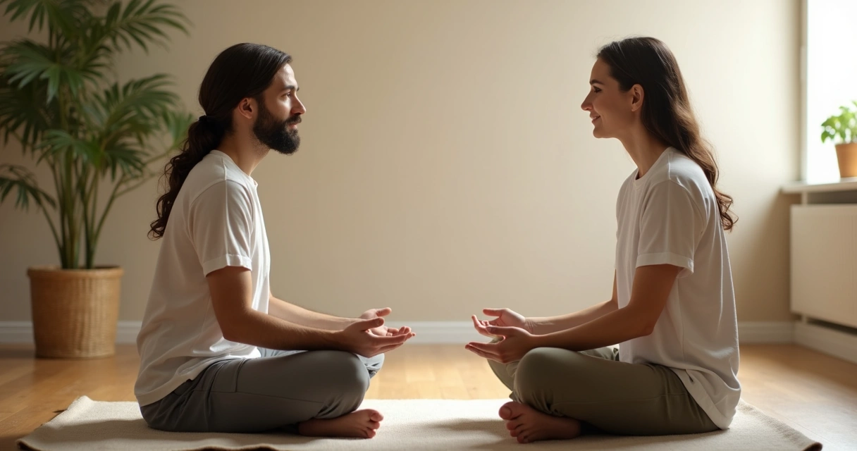 Dos personas sentadas frente a frente en el suelo, practicando meditación relacional 