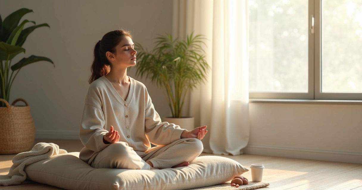 Persona sentada meditando en una sala tranquila con luz suave