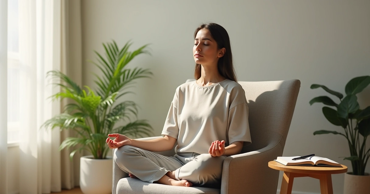 Persona sentada en sillón meditando junto a una libreta