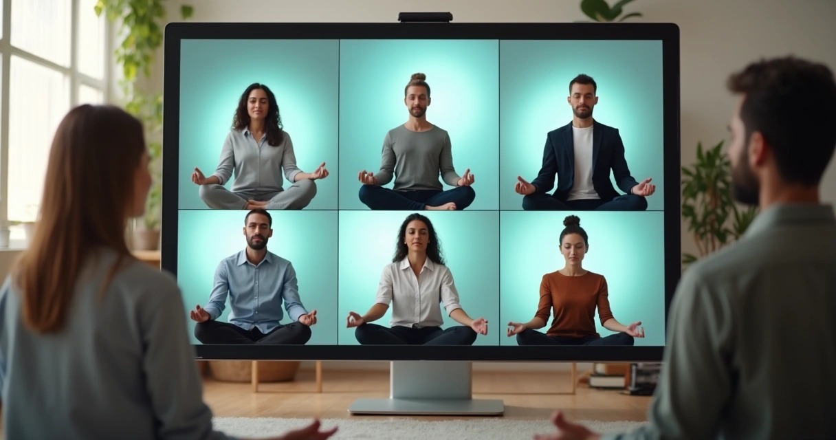 Personas en videollamada realizando meditación guiada 