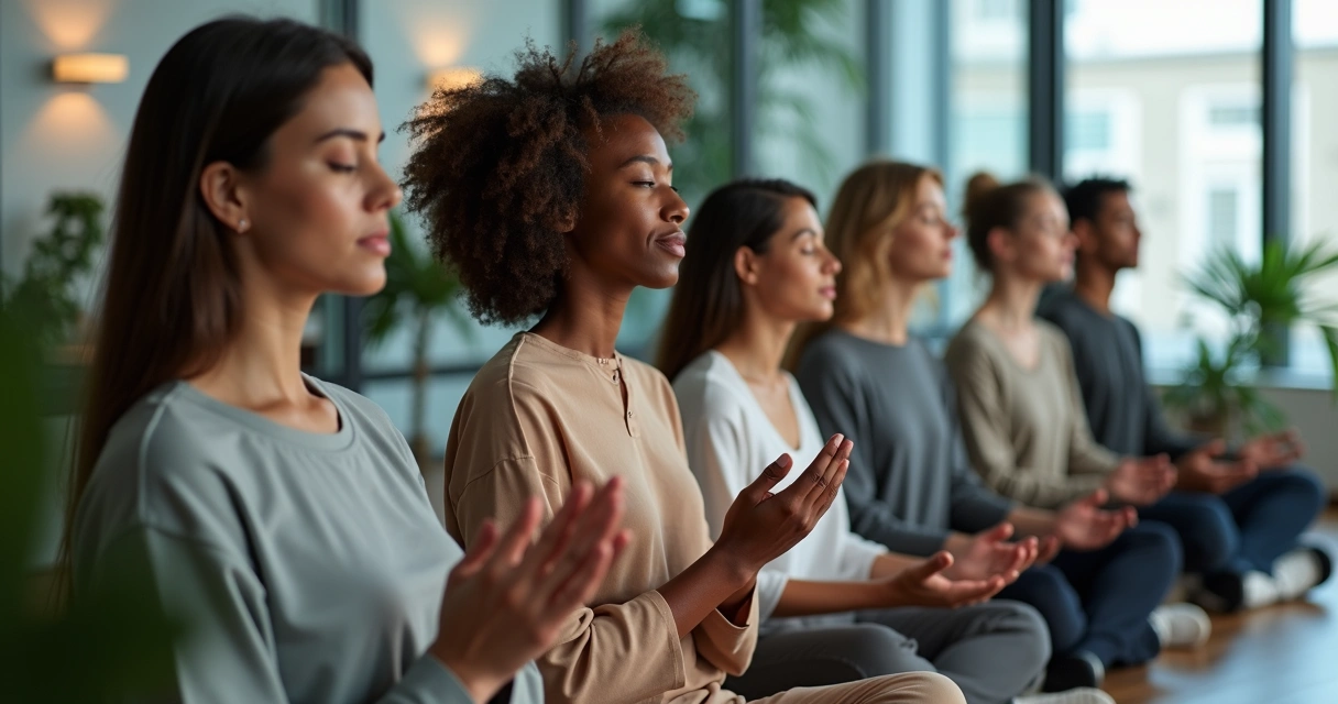 Grupo pequeño en oficina realizando meditación guiada juntos, ojos cerrados 