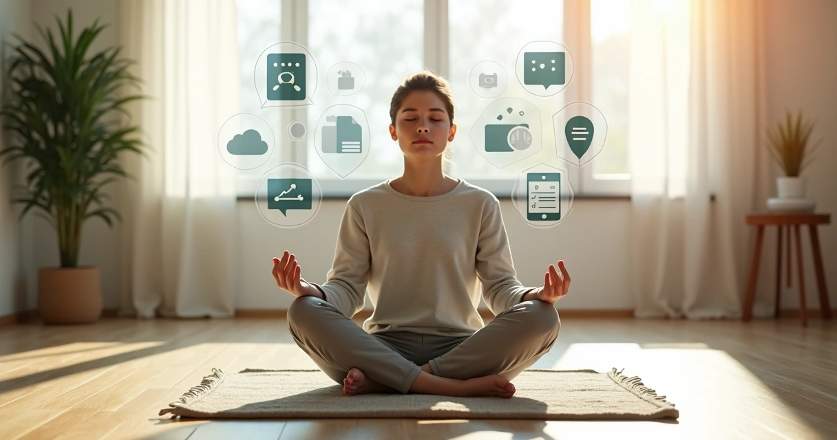 Persona meditando con distracciones mentales que se transforman en calma 