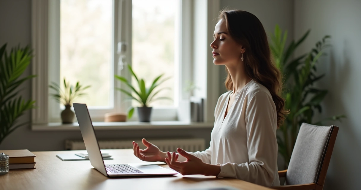 Persona sentada en escritorio con los ojos cerrados en actitud meditativa, computadora portátil frente a ella, fondo suave y luz natural 