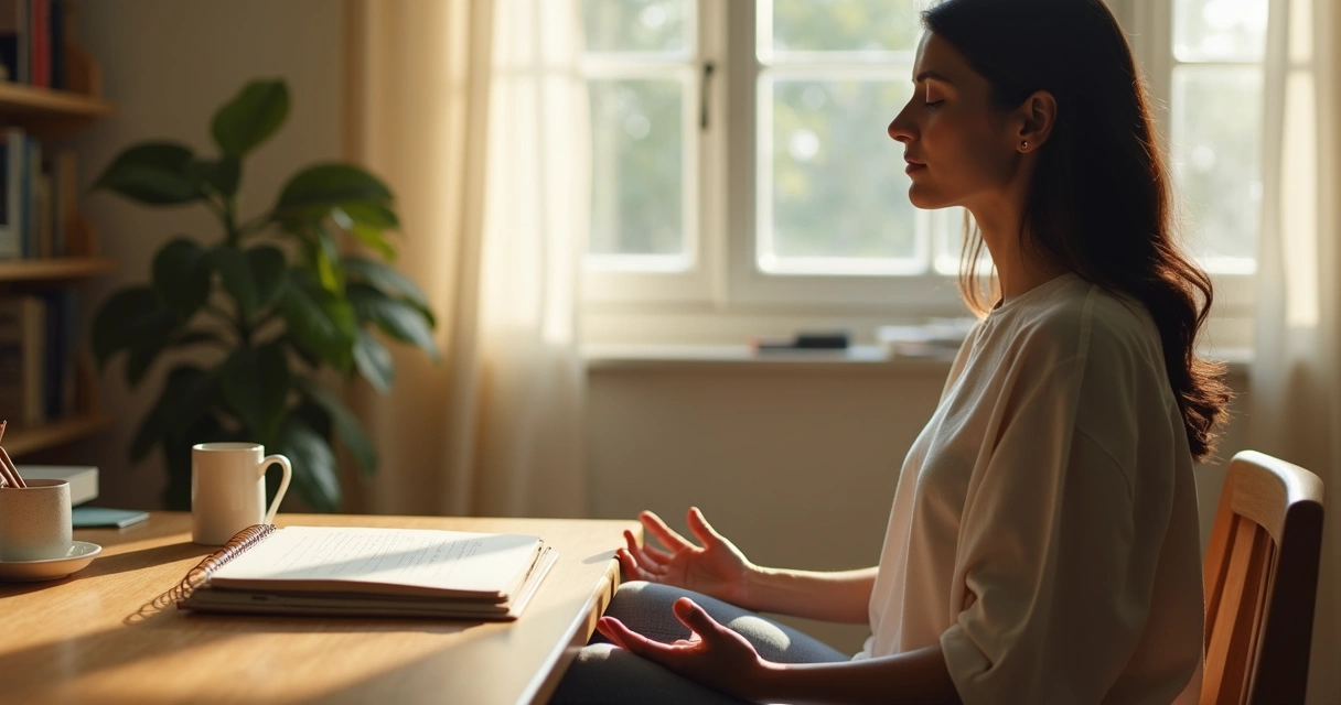 Persona meditando frente a un cuaderno abierto y lápices