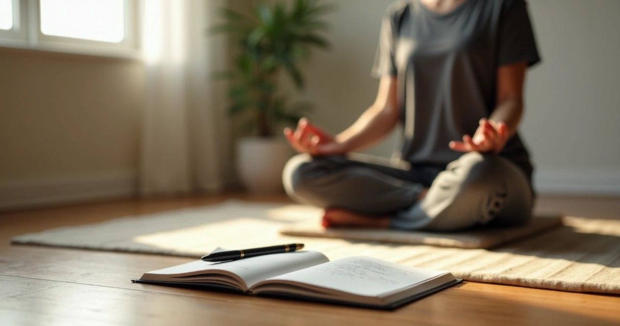 Persona sentada meditando junto a un cuaderno abierto y luz suave 