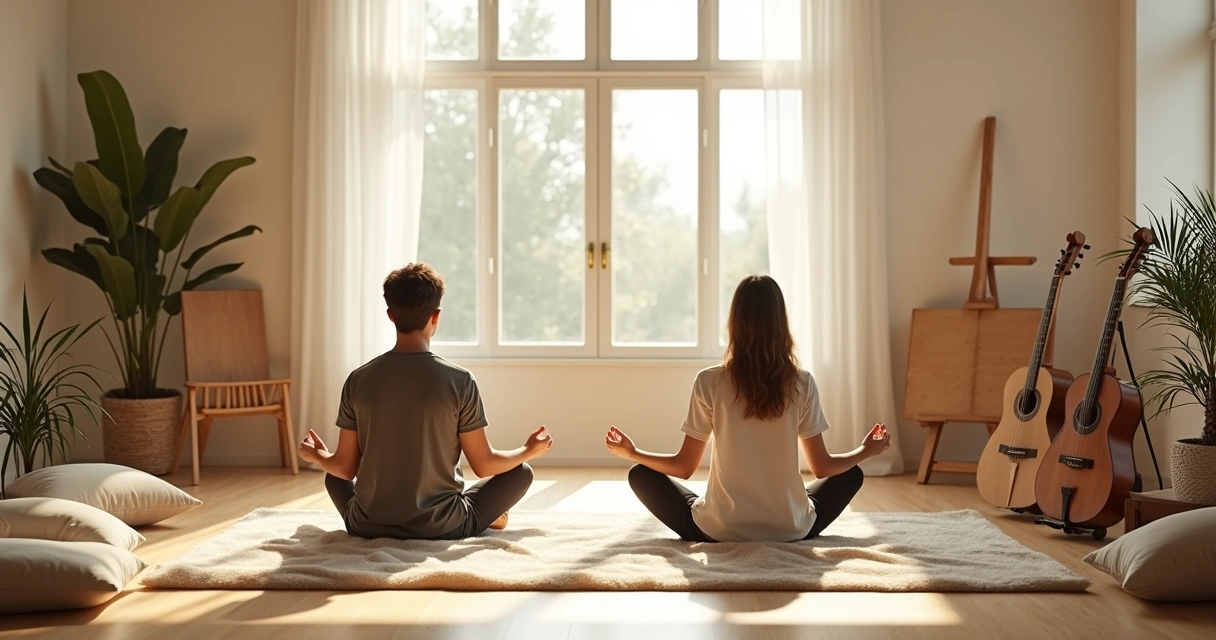 Persona sentada meditando en un espacio iluminado y tranquilo