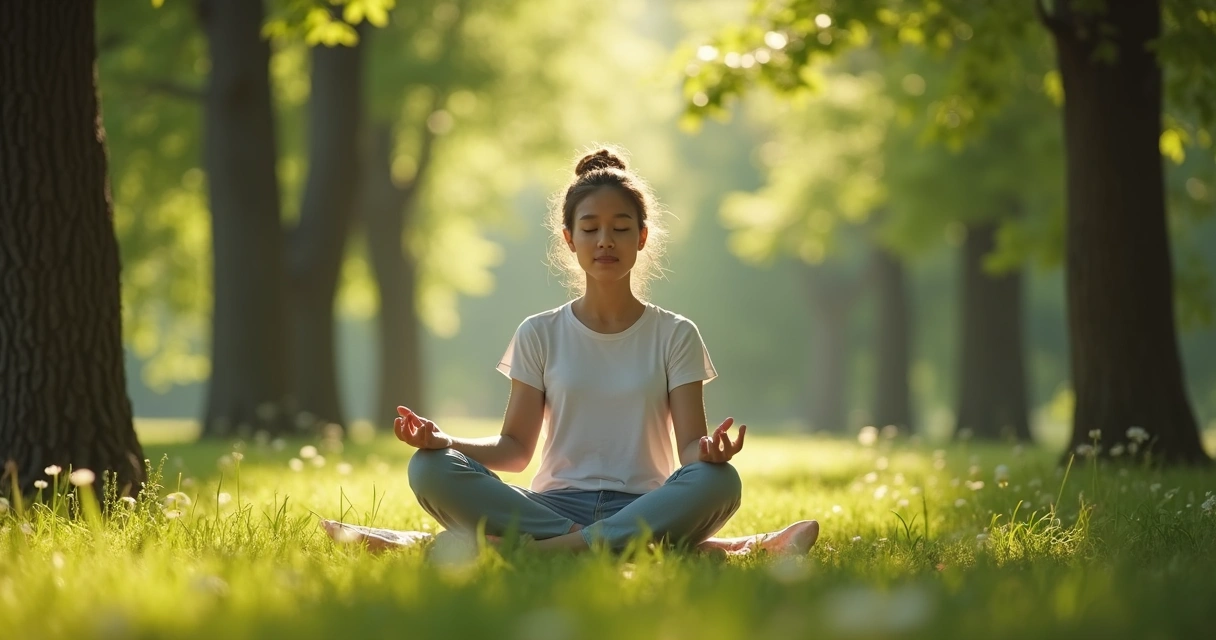 Persona meditando sentada en un entorno natural, con árboles y luz suave de fondo. 