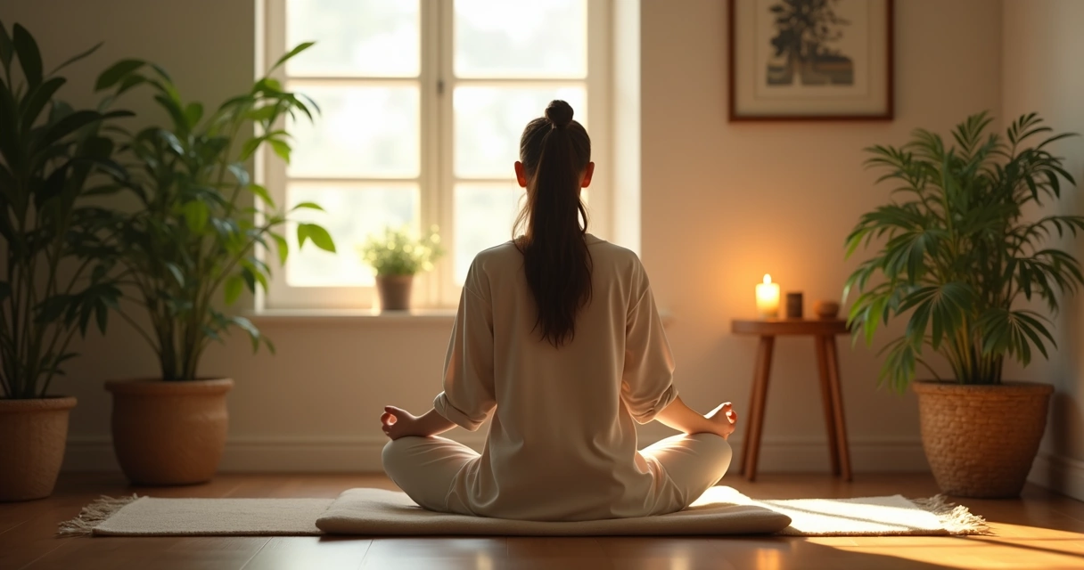 Persona sentada en posición de meditación en un espacio acogedor y silencioso 