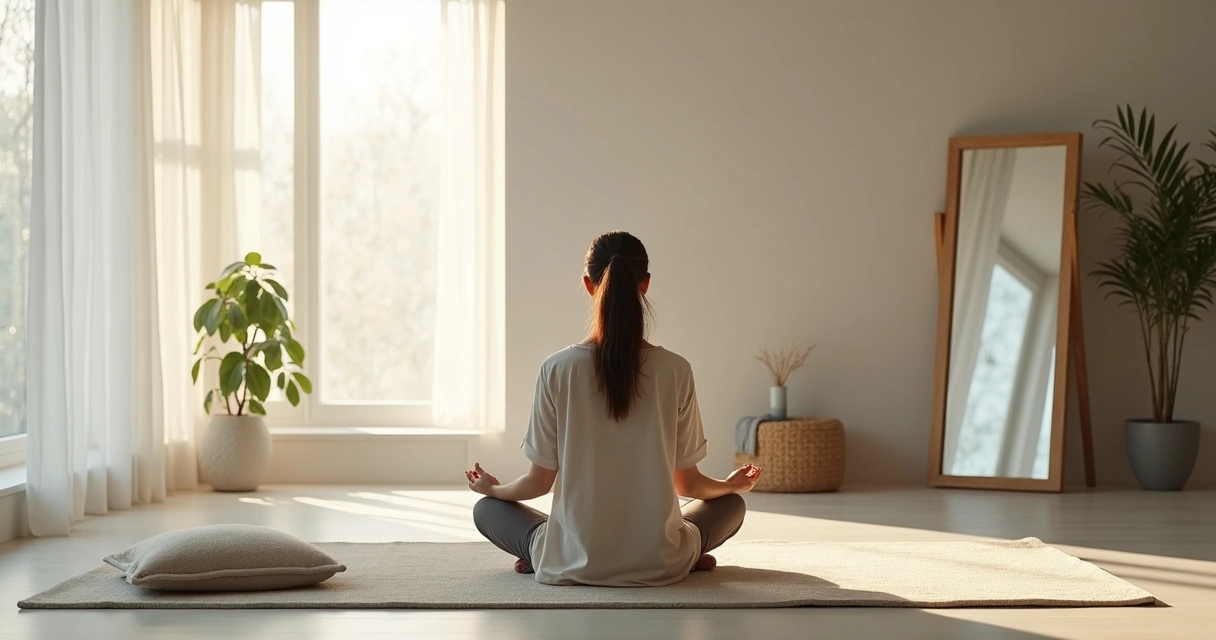 Persona sentada frente a un espejo en un espacio sereno de meditación