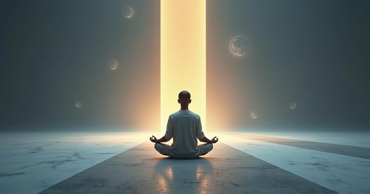 Persona meditando frente a una encrucijada iluminada en un espacio abstracto 