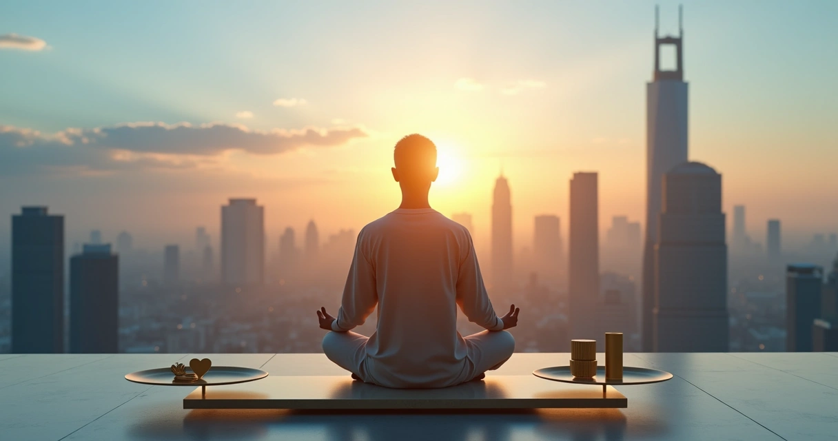 Persona meditando frente a ciudad mientras equilibra balanza de justicia 