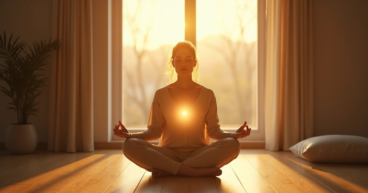 Persona meditando al amanecer con luz entrando en el pecho 