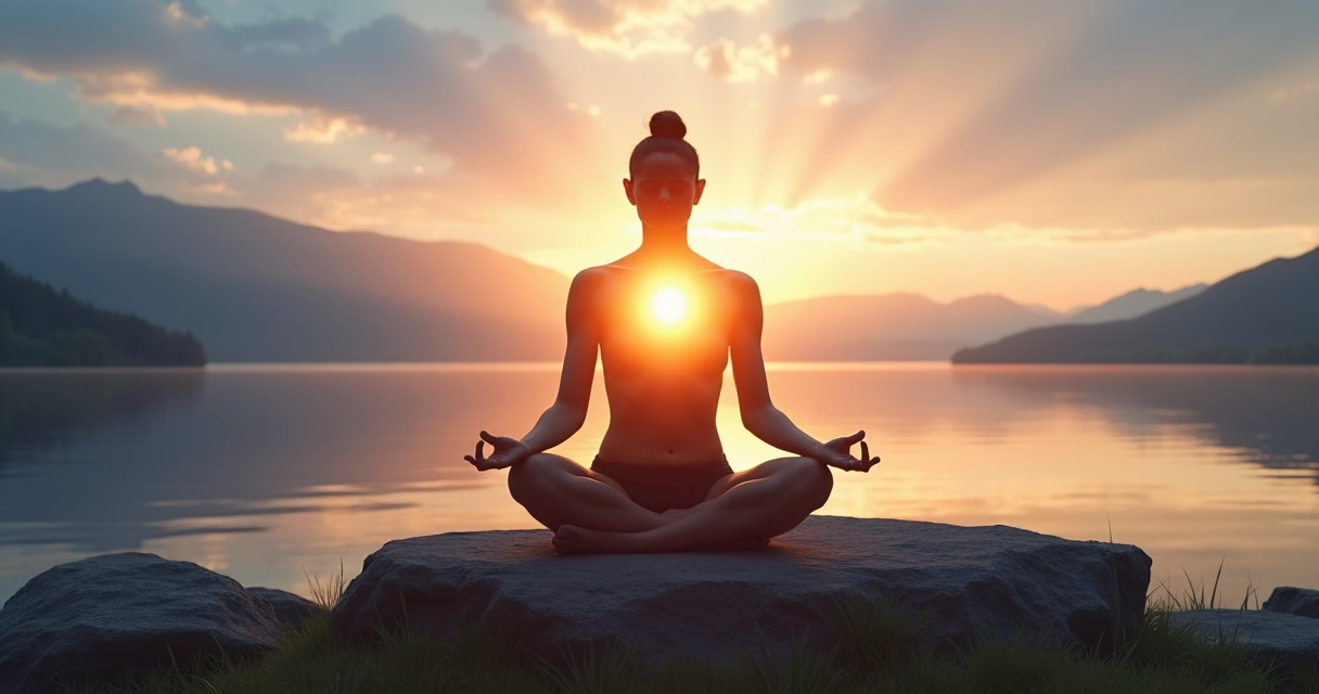 Persona meditando al amanecer con luz expandiéndose desde su pecho 
