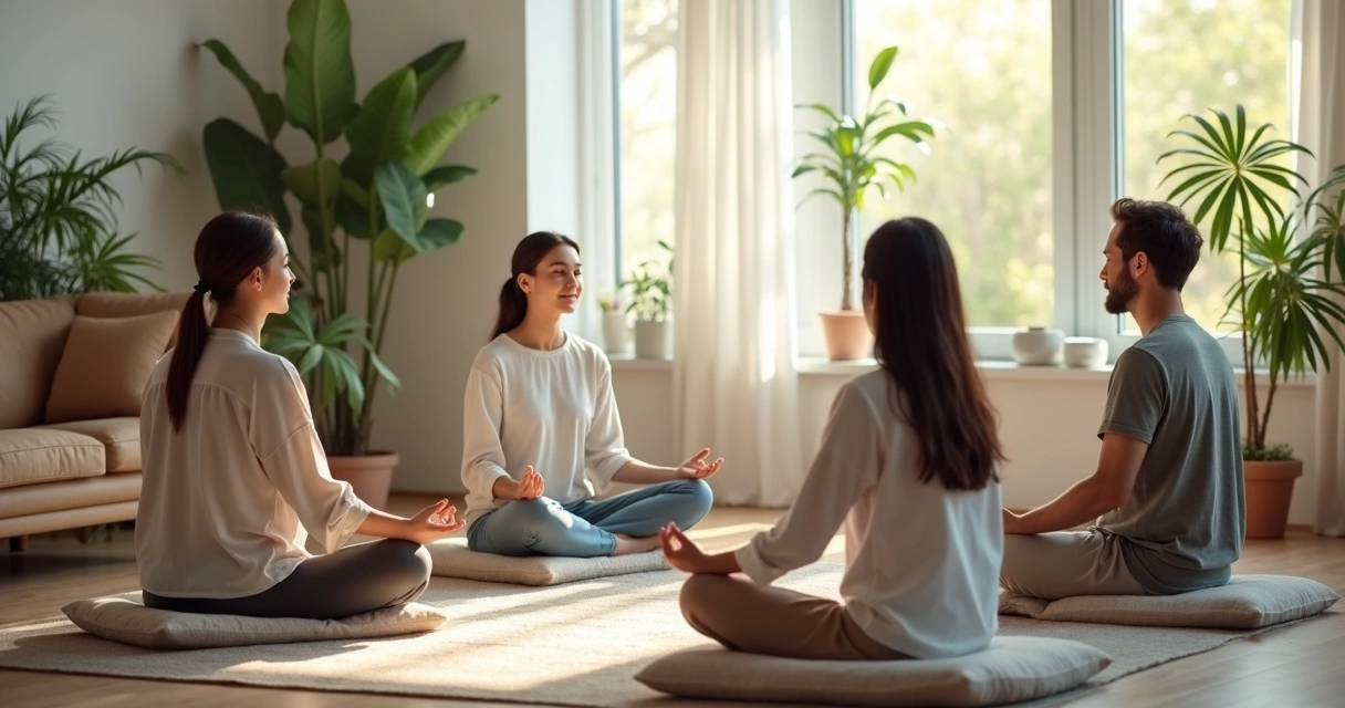 Familia sentada en círculo practicando la meditación juntos