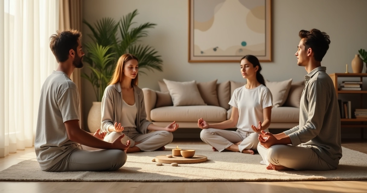 Familia en círculo practicando meditación en el salón de casa 