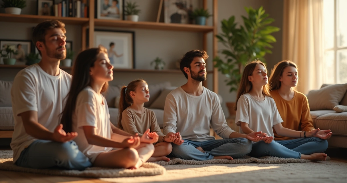 Familia reunida en sala practicando meditación guiada antes de la cena