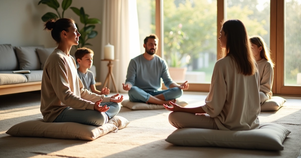 Familia sentada en círculo practicando meditación en el salón de casa 