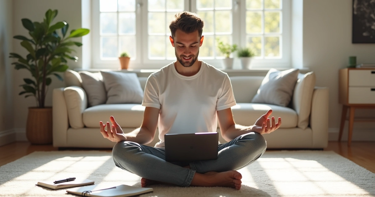Hombre sentado en posición de meditación mirando el balance de su cuenta bancaria en una tableta, fondo claro con luz natural 