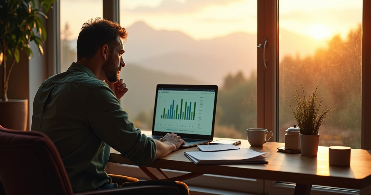 Persona reflexionando frente a gráficos financieros y un paisaje natural 