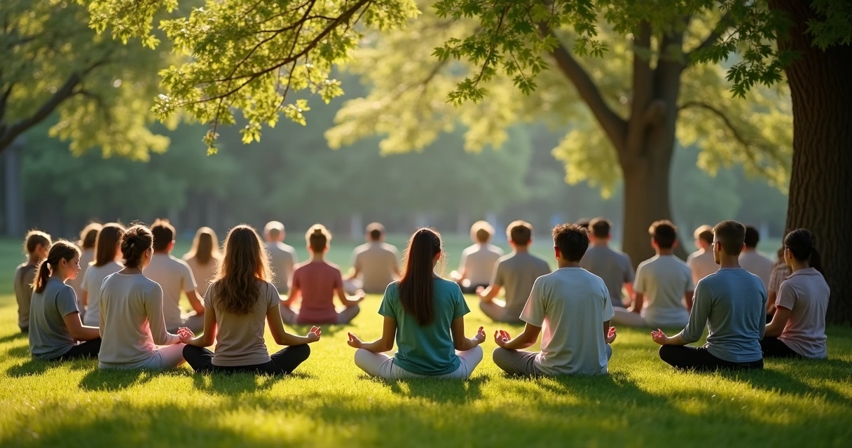 Grupo de personas sentados en círculo meditando al aire libre.