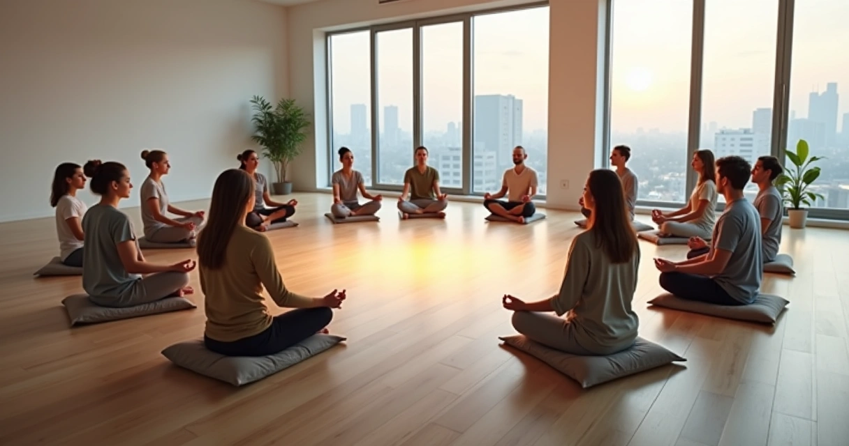 Grupo de personas en círculo meditando al amanecer en un espacio amplio 