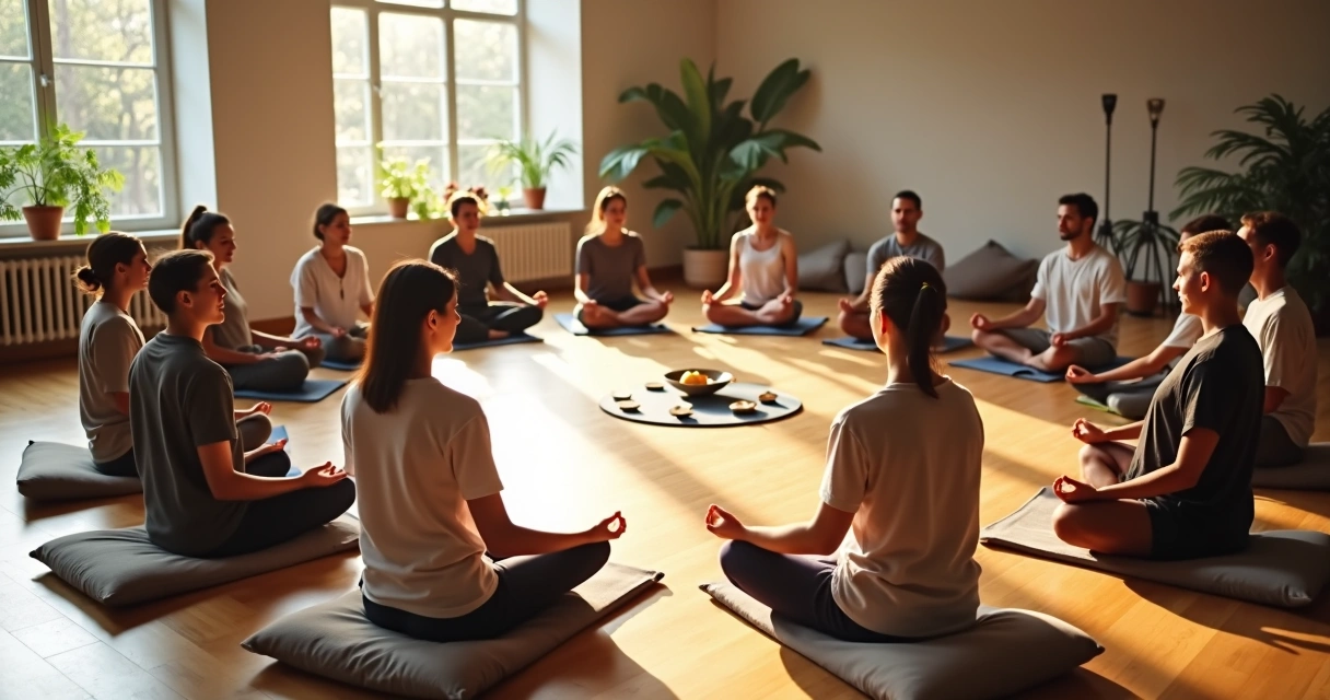 Personas sentadas en círculo meditando en un espacio comunitario luminoso 
