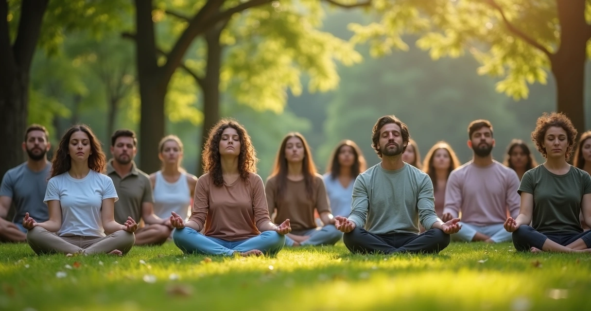 Grupo comunitario meditando juntos en el parque 