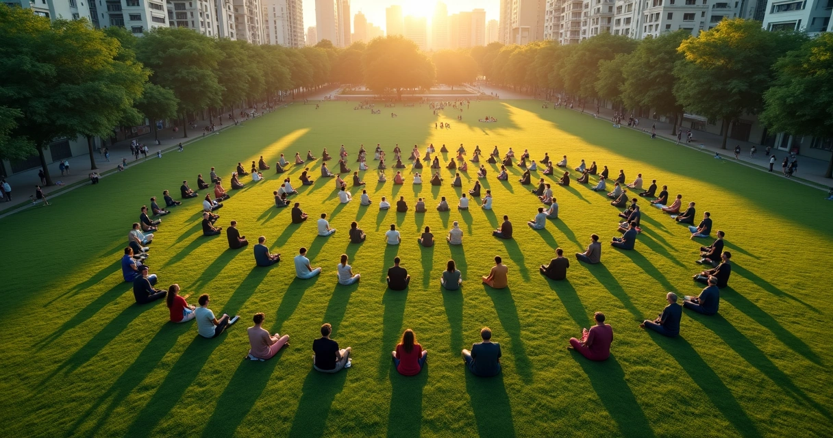 Grupo diverso meditando en un parque urbano visto desde arriba 