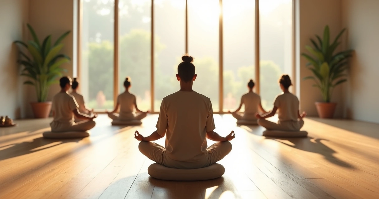 Persona meditando sola frente a un grupo que medita al fondo en una sala luminosa 