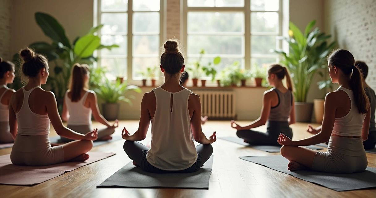 Personas sentadas en círculo meditando en grupo en una sala iluminada 