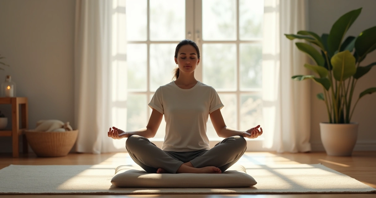 Persona sentada meditando en habitación tranquila con luz suave 