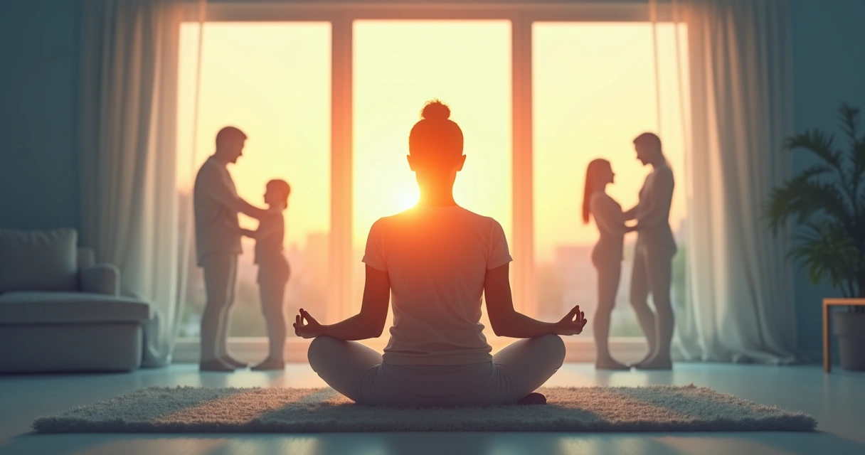 Meditación guiada con figuras familiares difuminadas en el fondo