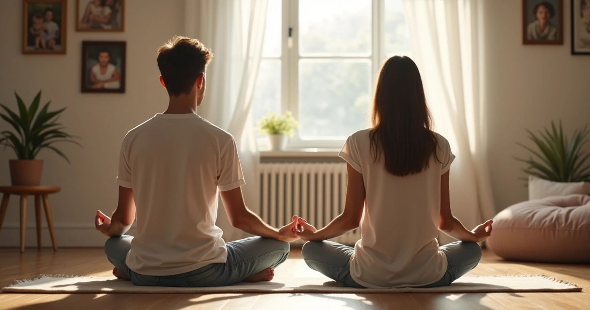 Dos hermanos adultos meditando juntos en una habitación