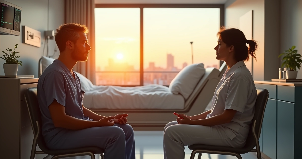 Profesional de salud guiando meditación silenciosa a familiar en habitación de hospital al atardecer 