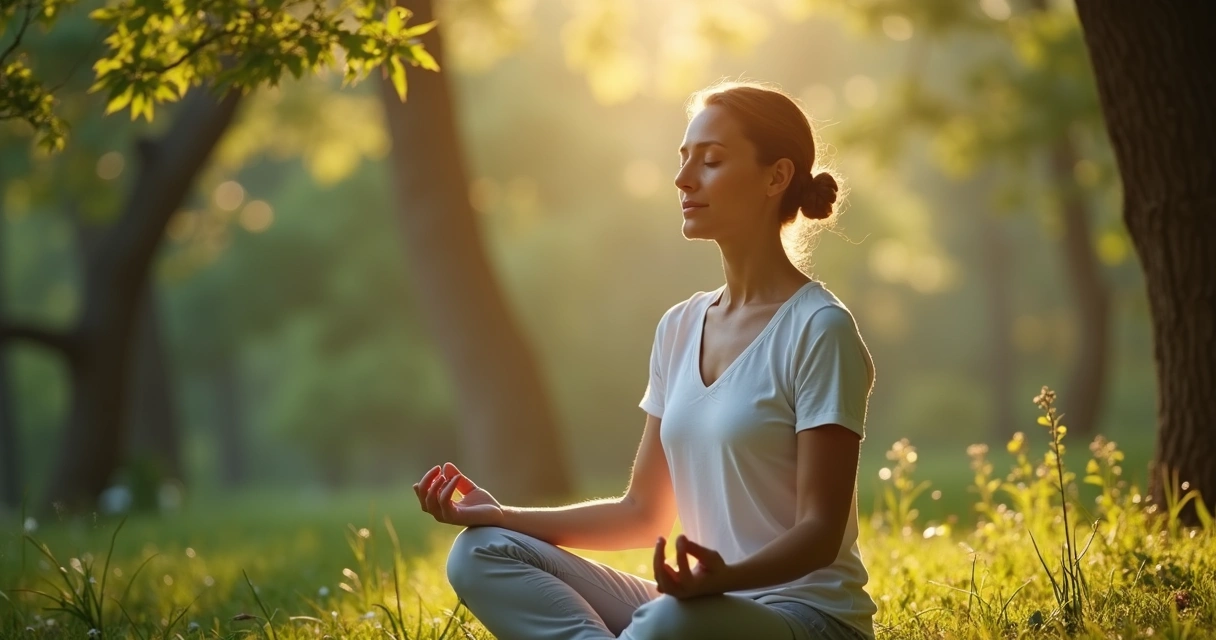 Mujer meditando rodeada de naturaleza, luz suave y ambiente de calma. 